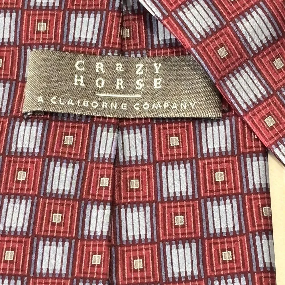 CRAZY HORSE Men's Burgundy Blue Geometric Oxford Tie Necktie 100% Silk Classic
